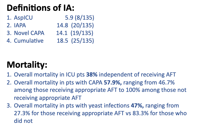 11b) Varying degree of IA by definition (pic 1), mortality sig higher in pts classified as having IFD, CAPA 57.9% (lower w/ approp tx), yeast infxns 47% (lower w/ approp tx). Conclusions (pic 2), need more prosp. data, accurate dx requires consistently applied definition.