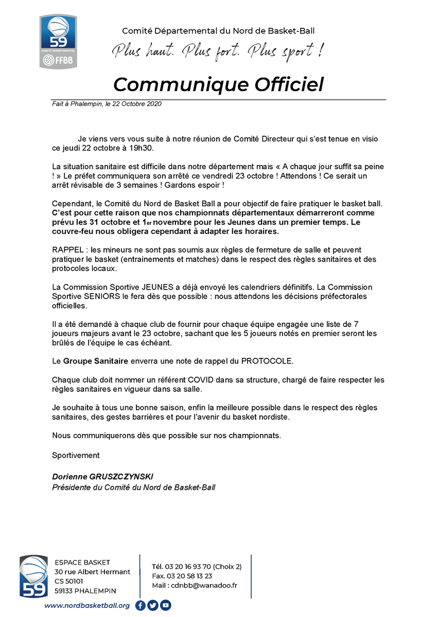 ⚠️ COMMUNIQUE OFFICIEL suite à la réunion du Comité Directeur du 22 Octobre 2020 à 19H30 en visioconférence.
Retrouvez le communiqué ci-dessous ⬇

------