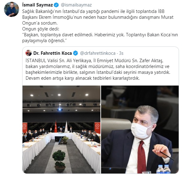 Sağlık Bakanı, salgının İstanbul'daki son durumunun ele alındığı toplantıya dair bir tweet paylaştı. 
İsmail Saymaz, Ekrem İmamoğlu'nun neden toplantıda olmadığını Murat Ongun'a sordu.
Murat Ongun, İmamoğlu'nun davet edilmediğini ve  toplantıyı Twitter'dan öğrendiklerini söyledi