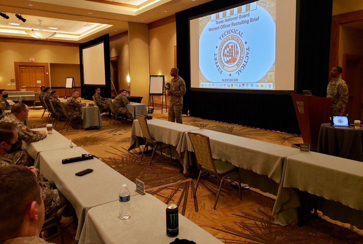 TexasGuard's tweet photo. CW2 Tarvarius Drake, CW3 Joseph Michael and CW4 Andreas Turner (Senior WOSM) brief @TexasGuard Soldiers on all the opportunities and benefits of becoming a Warrant Officer in the Texas Army National Guard.
#DutyHonorTexas
#GoGuard #StayGuard https://t.co/w64EN3mgEH