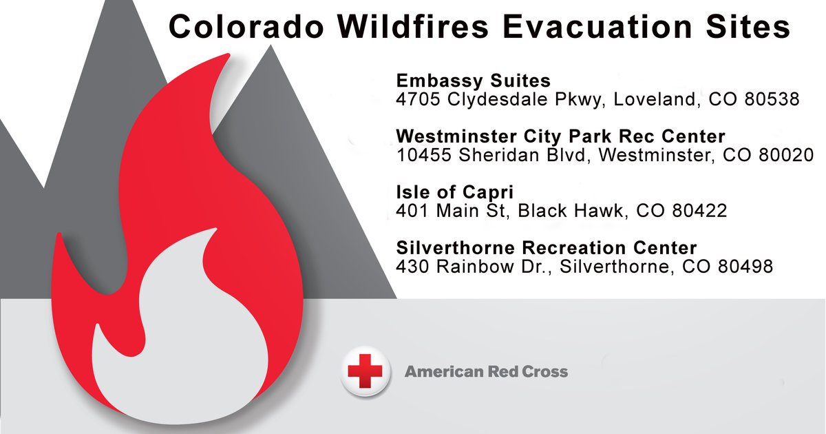 ❗️IMPORTANT - PLEASE SHARE❗️ Our evacuation centers are opened at the following locations:❗️Embassy Suites 4705 Clydesdale Pkwy, Loveland❗️Westminster City Park Rec Center 10455 Sheridan Blvd❗️Isle of Capri 401 Main St, Black Hawk, ❗️Silverthorne Rec Center- 430 Rainbow Drive