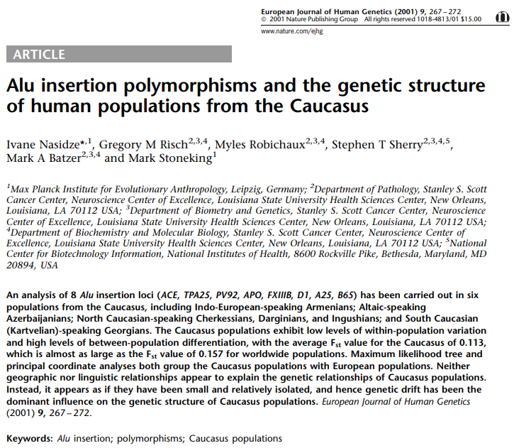 7/13: In the  @ejhg_journal article, Nasidze and colleagues (2001) find that "..both Indo-European speaking Armenians and Altaic-speaking Azerbaijanians group with their geographic neighbors in the Caucasus, rather than with their linguistic neighbors.."