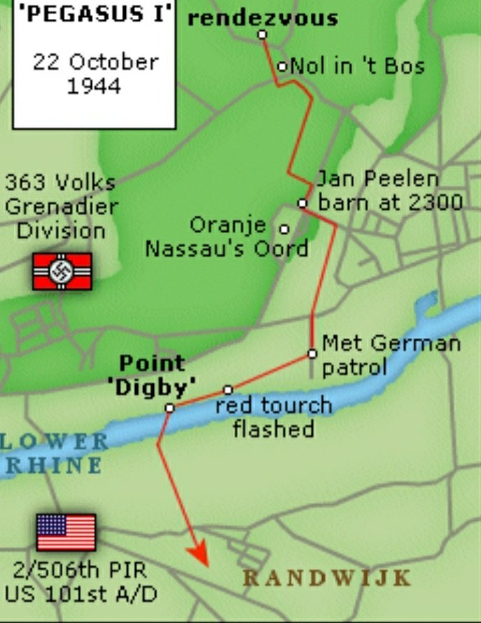 120 parachutists, 10 British & U.S. pilots, two Russians & 15 Dutchmen, would all assemble in the woods north of the Rhine on the night of the 22nd, & at 9pm began moving to the river in platoons. The point of contact with the Allies was codenamed DIGBY8/