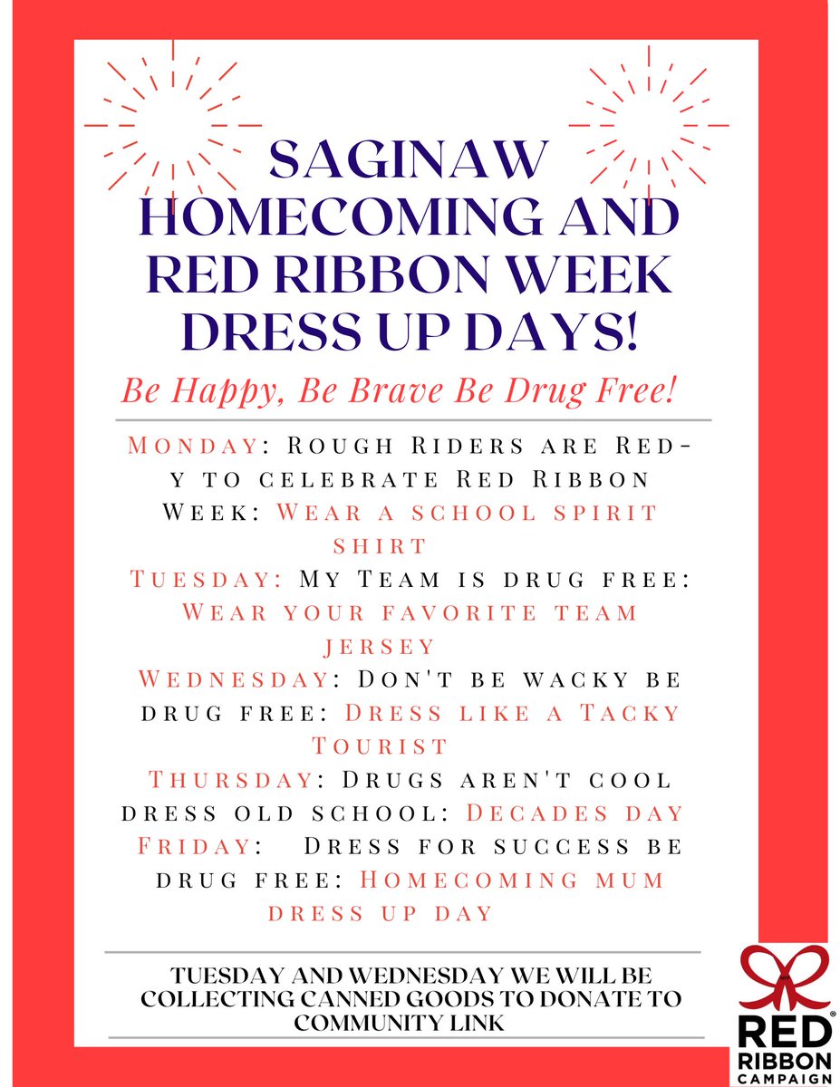 Saginaw HS StuCo (@stucosaginawhs) on Twitter photo Next week is red ribbon week and homecoming week! Here are the dress up days!! <a href="/saginawhstx/">Saginaw High School</a> <a href="/SStarsteppers/">Saginaw Starsteppers</a> <a href="/RoughRiderChoir/">Saginaw HS Choir</a> <a href="/roughrideravid/">SHS AVID</a> <a href="/saginaw_theatre/">Saginaw Theatre</a> <a href="/SaginawHS_Cheer/">Saginaw High Cheer</a> Next week is red ribbon week and homecoming week! Here are the dress up days!! <a href="/saginawhstx/">Saginaw High School</a> <a href="/SStarsteppers/">Saginaw Starsteppers</a> <a href="/RoughRiderChoir/">Saginaw HS Choir</a> <a href="/roughrideravid/">SHS AVID</a> <a href="/saginaw_theatre/">Saginaw Theatre</a> <a href="/SaginawHS_Cheer/">Saginaw High Cheer</a>