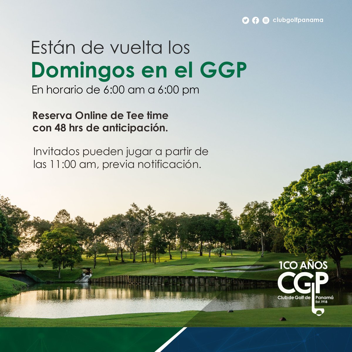 ClubGolfPanama's tweet image. #pasionpormiclub Estimados socios, les informamos que desde este domingo 25 de octubre pueden venir a disfrutar sus canchas de golf y tenis, en horario de 6:00 am a 6:00 pm.
Recuerde hacer su tee time con 48 horas de anticipación.
¡Les esperamos!