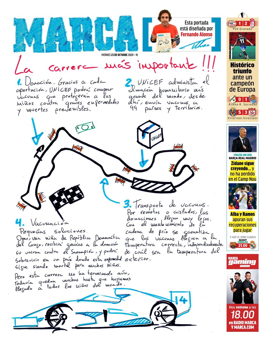VirutasF1's tweet photo. Fernando Alonso ha diseñado la portada del Marca de mañana. Es por una causa benéfica. Bien jugao por todas las partes 

(Alguien se quejará por el Halo a la americana; otros se pondrán a estudiarlo) https://t.co/yOMVTtBEWu