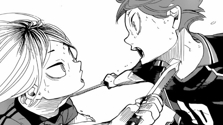 Also this one panel with Kenma and Hinata where they were both holding knives directed on each other's throats. Holy shit, I really wanna see how Nagata Takato and Kotaro Daigo execute it (that's if they'll include it). I'm so looking forward to this play. 
