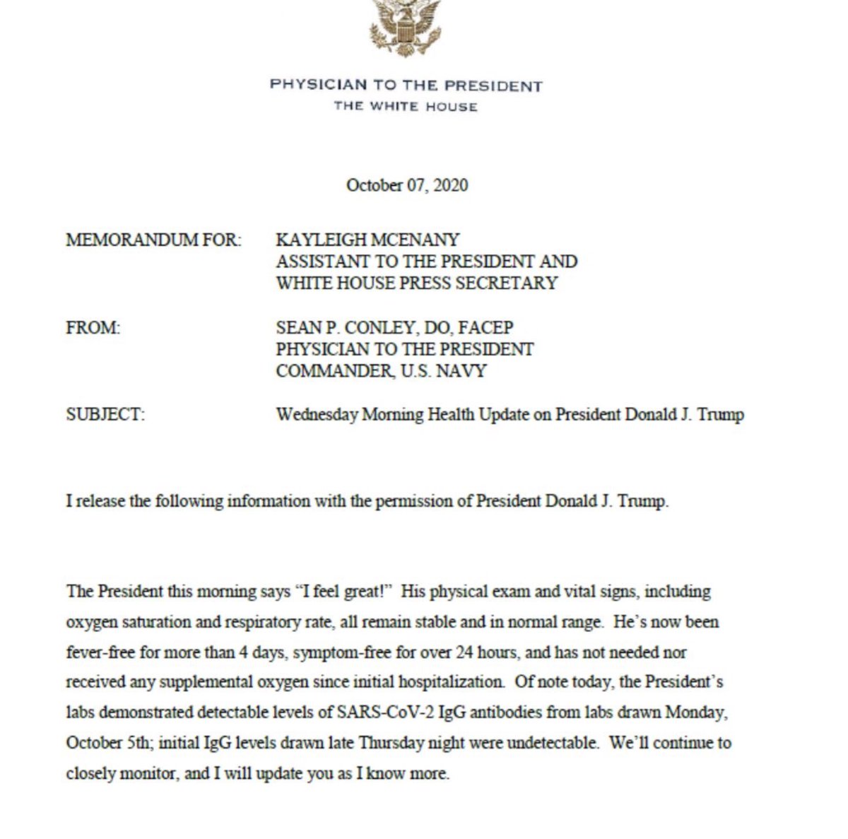 Circling back to note that Conley suggests that Trump had a fever sometime in the last 24-72 hours:this note says Trump is “fever free for well over 24 hours”the note from 10/7 noted 4-days without feverthe note from 10/8 did not report a temperature at all/18