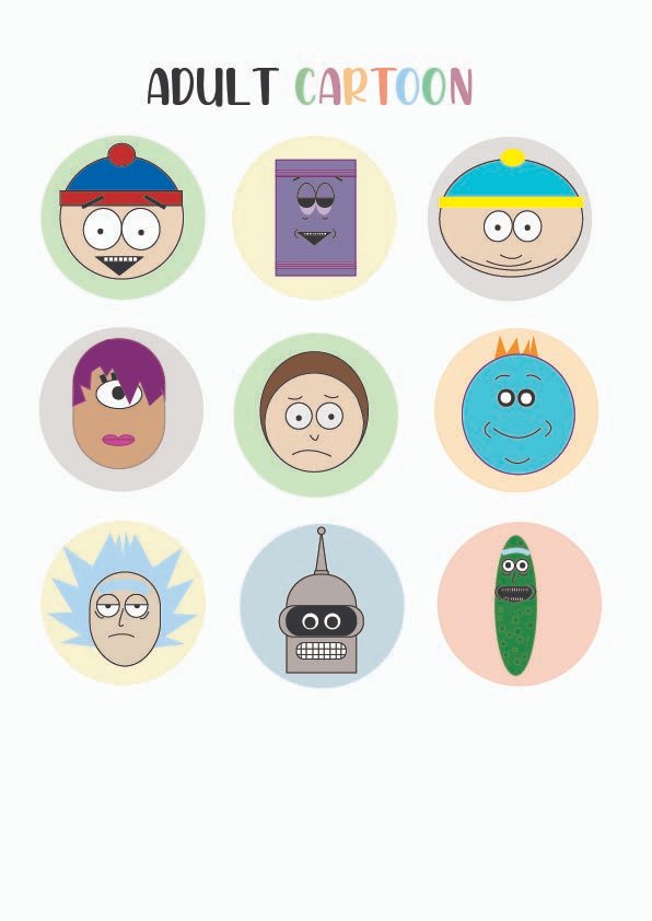 Project 5 for COMM 210: Icon project. 
I had a lot of fun creating those Icons from scratch using illustrator. "Adult cartoon" is my theme and I've created Icons of my favorite characters from the best Adult Cartoon TV shows. wubba lubba dub dub! 
#MurrowUGLife #com210 #project5