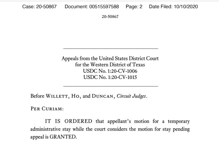 Judges who just stayed the TX ballot dropbox decision: Don Willett — appointed by Trump in 2017 to a vacancy created in 2012James Ho — appointed by Trump in 2017 to a vacancy created in 2013Kyle Duncan — appointed by Trump in 2017 to a vacancy created on New Year’s Eve 2016