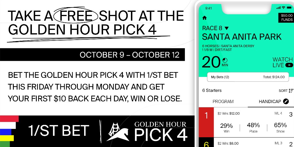 santaanitapark's tweet photo. Bet the Golden Hour Pick 4 with 1/ST BET now through Monday and get your first $10 back each day, win or lose. @1stbet @1stRacing
https://t.co/DVVJYq3JYM https://t.co/1fyVPYxnZU