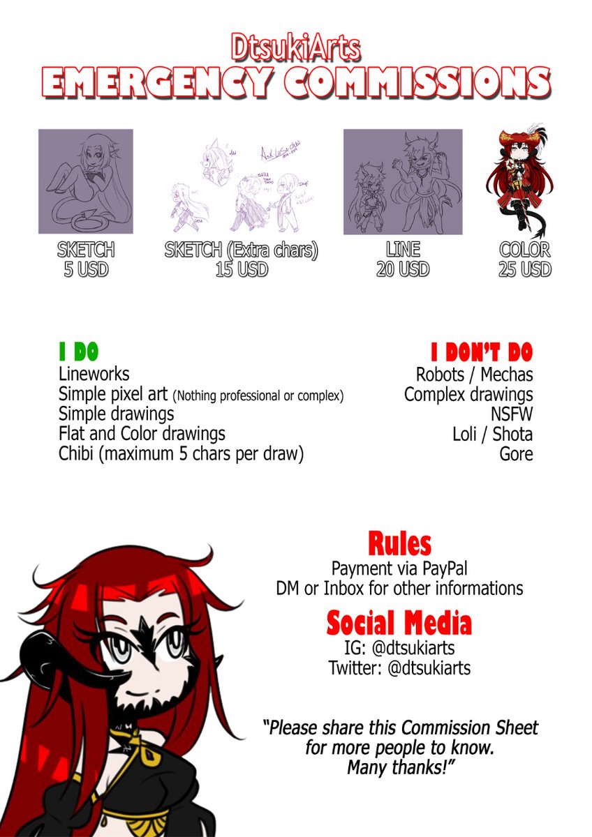 dtsukiarts's tweet photo. ‼️Commission open
🆙 Slots open
❓DM/Inbox for more details

🔄 Share/RT is much appreciated

Emergency commissions to pay my new monitor and new memory card.

#commissionsopen #dtsukiarts https://t.co/BcmrVWQwKQ