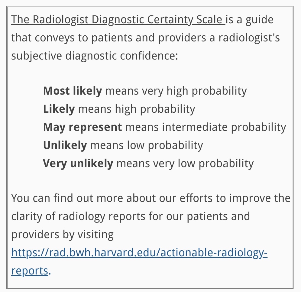 Vilavaite's tweet photo. Interesting
#Radiologist Diagnostic Certainty Scale
"A guide that conveys to patients and providers a radiologist's subjective diagnostic confidence"
Maybe a help to AI labeling🤖
I would prefer a 1 to 5 scale
But my certainty is uncertain 🤔
#RADASSIST
https://t.co/UgWNCU1aVE https://t.co/Tz2dU042Ha