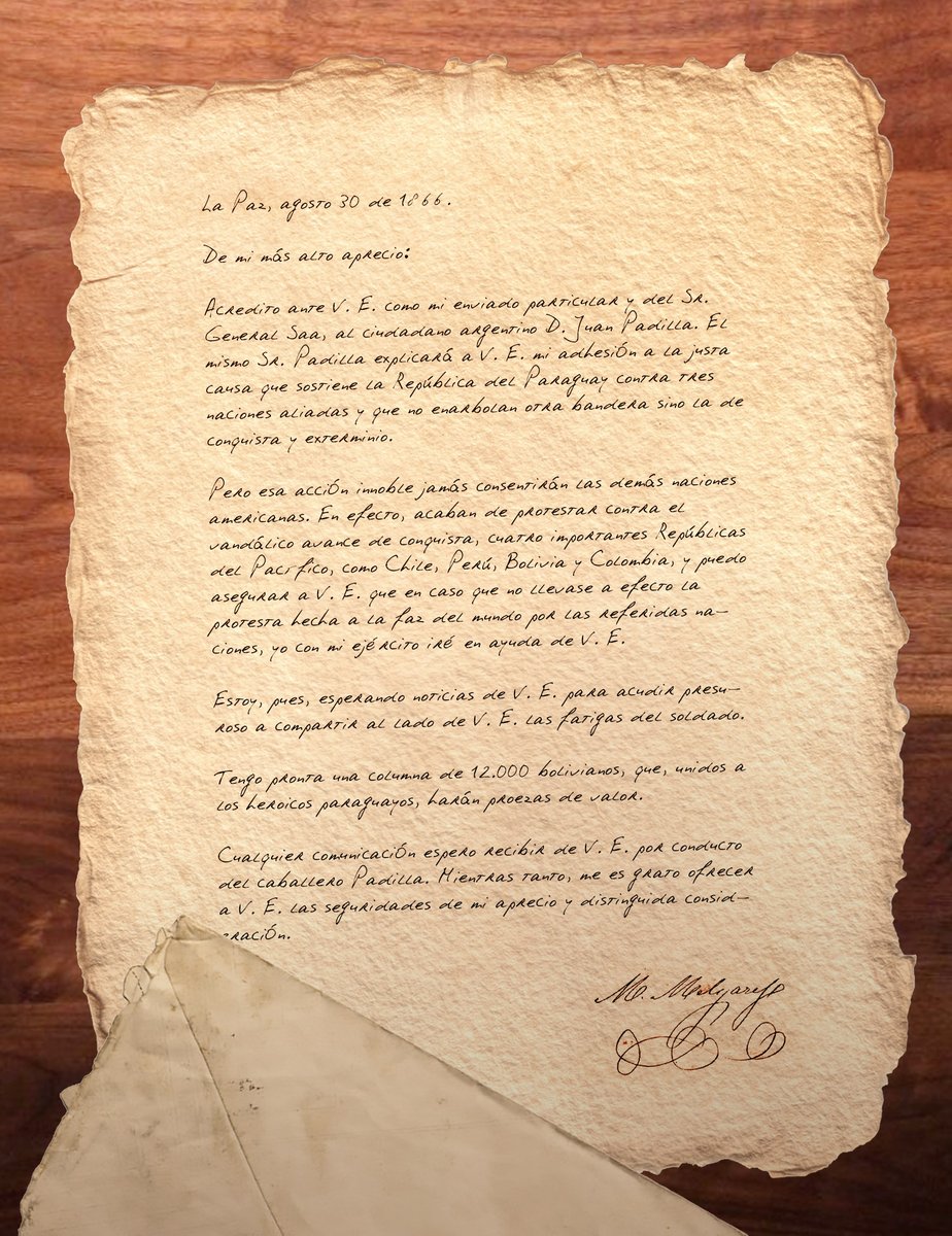Conquistador_WT's tweet photo. [Reupload] Datazo histórico: En 1866, M. Melgarejo, mandatario boliviano, ofreció en una carta a Paraguay 12.000 soldados bolivianos prestos a ir en su ayuda en épocas de la Triple Alianza. https://t.co/FmG4EWvWT1