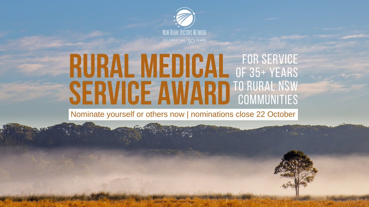 ruralhealth_pro's tweet photo. Nominations are now open for RDN’s Rural Medical Service Award. Nominate yourself or a fellow GP who has provided exceptional health care in rural NSW for over 35+ years.  https://t.co/f5VHFQxjqe  #ruralhealth #ruralgp #RH20 https://t.co/LK0Oz8NFEw