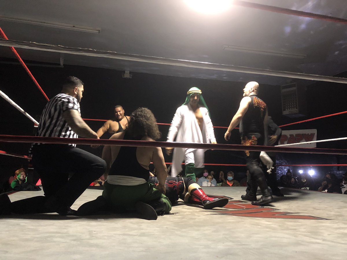 Official_PAPW's tweet photo. The unthinkable has happened here at #UnderPressure - @Maksimreddawn and @Zafar_Al_Rajhi have made amends, Morosov turning his back on @BullDredd - giving the #PyramidsofPower (@AllahDinghDingh @Allahdeen8495) the win... #ProWrestling #ProfessionalWrestling #PAPW #NXT #WWE #MLW https://t.co/p9aWJVyYE0