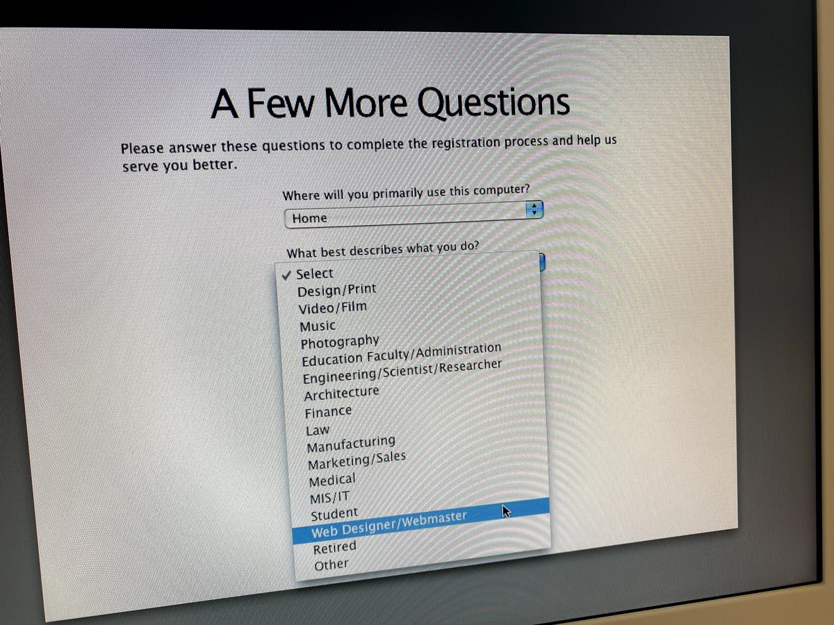 OK, being asked some questions now (sorry for the Moiré effect, still tweaking the settings on my SCSI handheld photo scanner).I was going to select MIS/IT as my profession, but I heard the young college grads are calling themselves "webmasters" now, so I'm going to pick that.