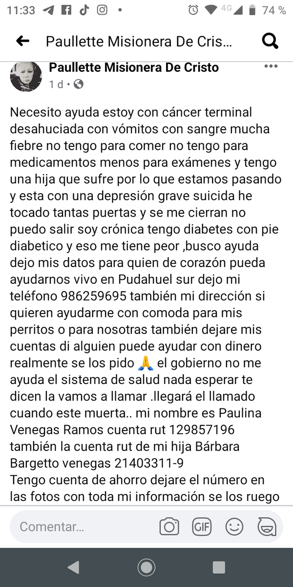 Lady55725496's tweet photo. @Angeles_Araya por favor ayudar a esta señora 🙏 está pasando por un momento súper delicado y complicado, ojalá puedan hacer algo por ella y su hija @jairo_valdes @Maxicollao @MinDesarrollo  esto es urgente!!! https://t.co/5hZzcG2kxM