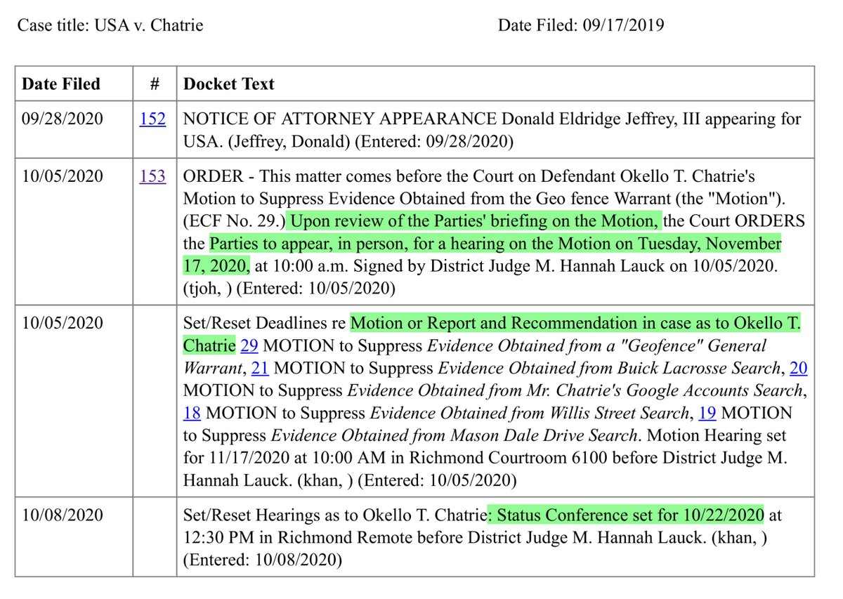 10/22/20 status conference but most importantly 11/17/20 hearing on:Suppress Evidence Obtained"Geofence" General WarrantBuick Lacrosse SearchMr. Chatrie's Google Accounts SearchWillis Street SearchMason Dale Drive Searchso that’s the update(s)
