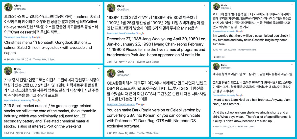 The full story is a bit more complicated.  @bmjisoo began its Twitter life as a Korean-language account back in 2014, took a five-year hiatus, and then woke back up in 2020, first retweeting a bunch of Indonesian follower farming spam before assuming its current  #MAGA persona.