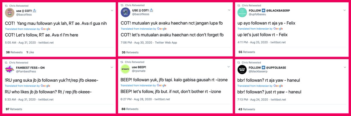 The full story is a bit more complicated.  @bmjisoo began its Twitter life as a Korean-language account back in 2014, took a five-year hiatus, and then woke back up in 2020, first retweeting a bunch of Indonesian follower farming spam before assuming its current  #MAGA persona.