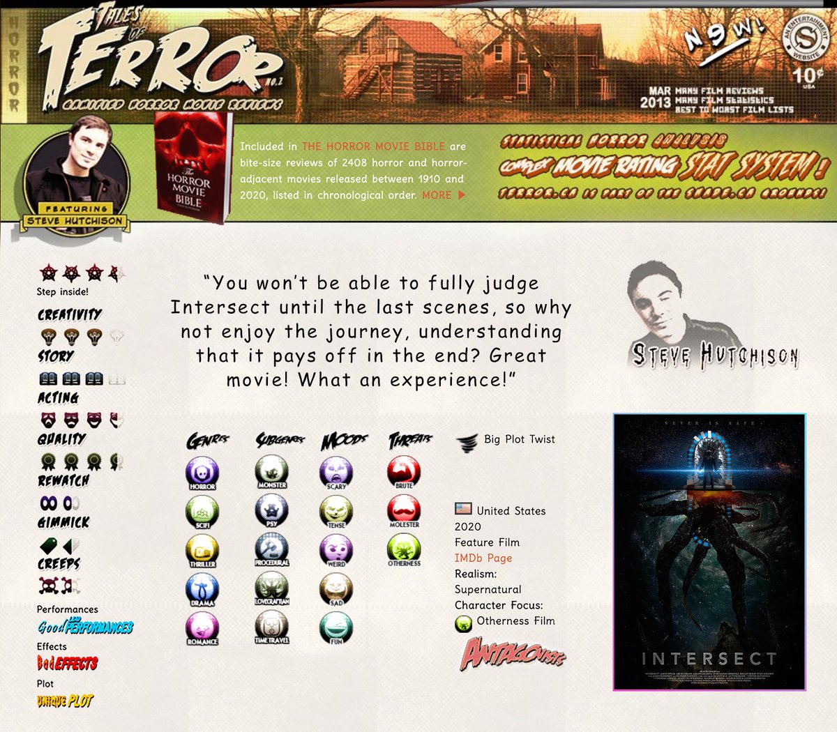 “3.5 out of 4 pentagrams”
Perhaps the most well thought movie review system that exists. <a href="/terrorca/">Steve Hutchison</a> breaks Intersect into 8 categories of review, categorizes every element of the film, THEN discusses the movie! Full review: terror.ca/movie/tt4205718
#HPLovecraft #SupportIndieFilm