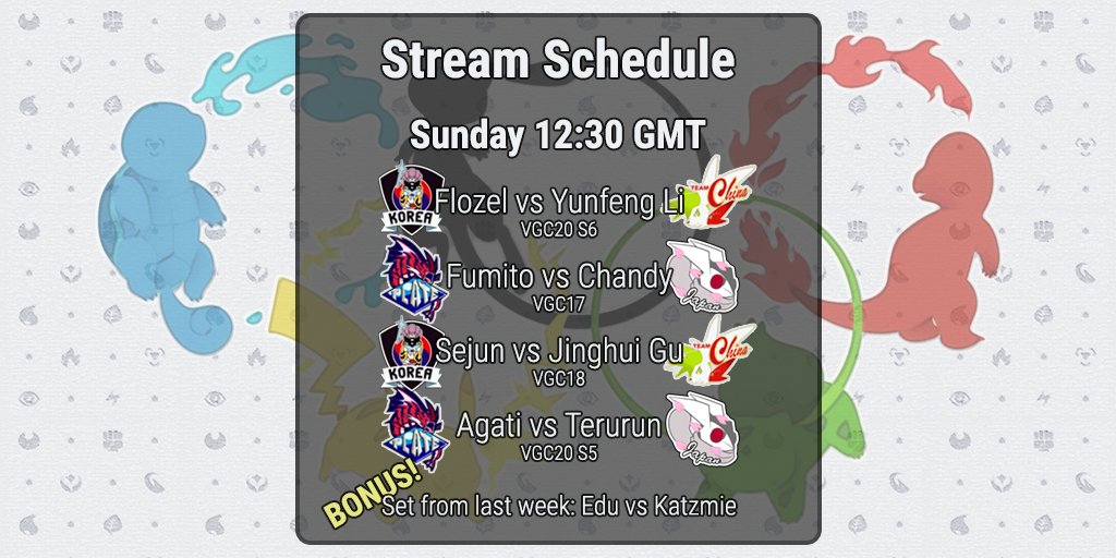 VGCWorldCup's tweet photo. Tune into some exciting live sets featuring Korea vs China and Plate Latam vs Japan on Sunday in the penultimate week of the World Cup of VGC—followed by a bonus cart set from last week for viewers looking for even more VGC action! https://t.co/zaGIeBMvMZ https://t.co/bRRTkZVHJs