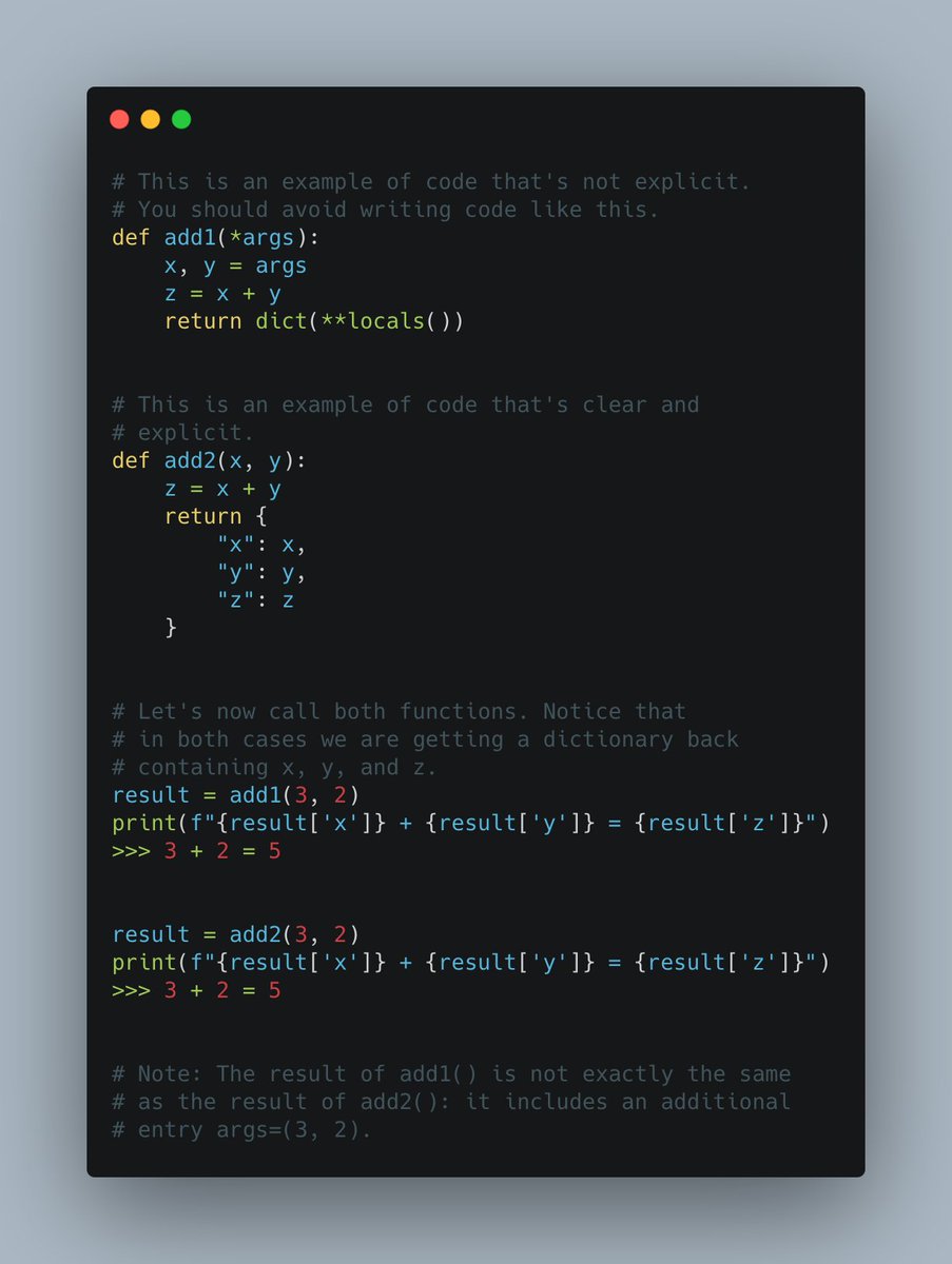 Python is all about readability.One of its core principles is around writing explicit code.Explicitness is about making your intentions clear.Take a look at the attached code. It's one of those classic examples showing bad versus good.See the difference?
