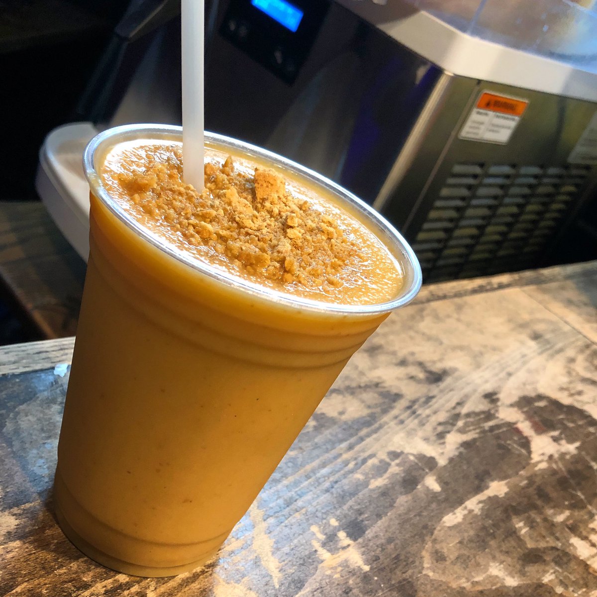 🎃 POPEkin Spice SLUSHIE!! 🎃 light rum, dark rum, pineapple, coconut milk, pumpkin syrup with cinnamon, nutmeg, cardamom, clove, star anise and graham cracker crumble.