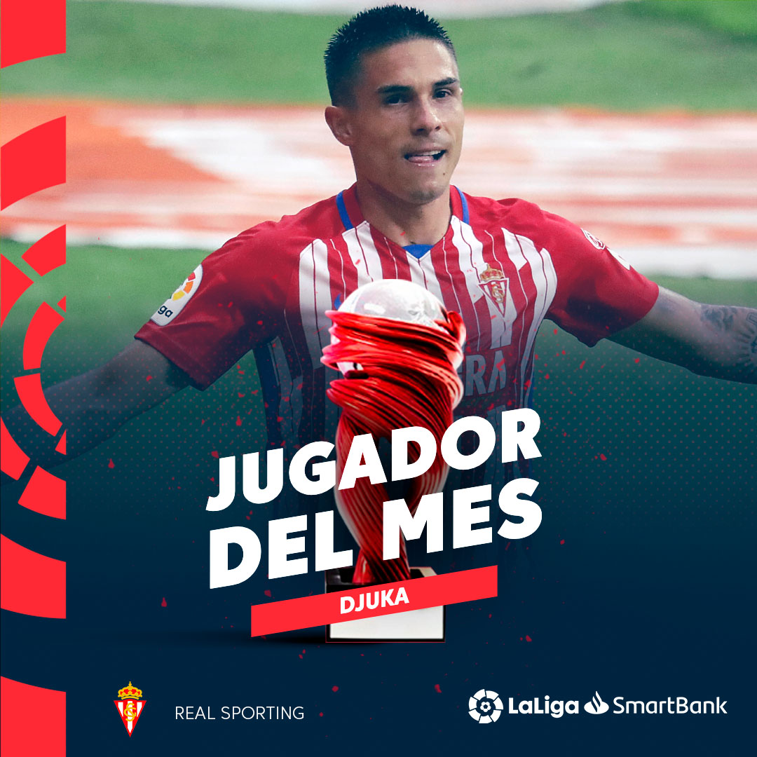 LaLiga's tweet photo. 🔥 Un arranque ESPECTACULAR. 

⚽ Tres goles. 
✅ Pleno de victorias del @RealSporting.

🏆 ¡Djuka es el Jugador del Mes de septiembre en #LaLigaSmartBank!  https://t.co/6B3Qq4HZg1

#MVP https://t.co/rSZqnOtLvM