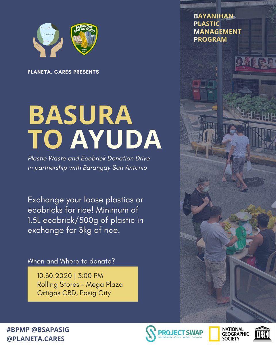 bsapasig's tweet photo. Start collecting your plastic wastes and drop them off on OCTOBER 30, 3pm-5pm thru #BSARollingStore in MEGAPLAZA. 📍 We’re looking forward to everyone’s cooperation in @bsapasig x Planeta Cares “Bayanihan Plastic Management Program”! 🍃

#BasuraToAyuda #BPMP #BSABayanihan https://t.co/8Sn5cwRnKl