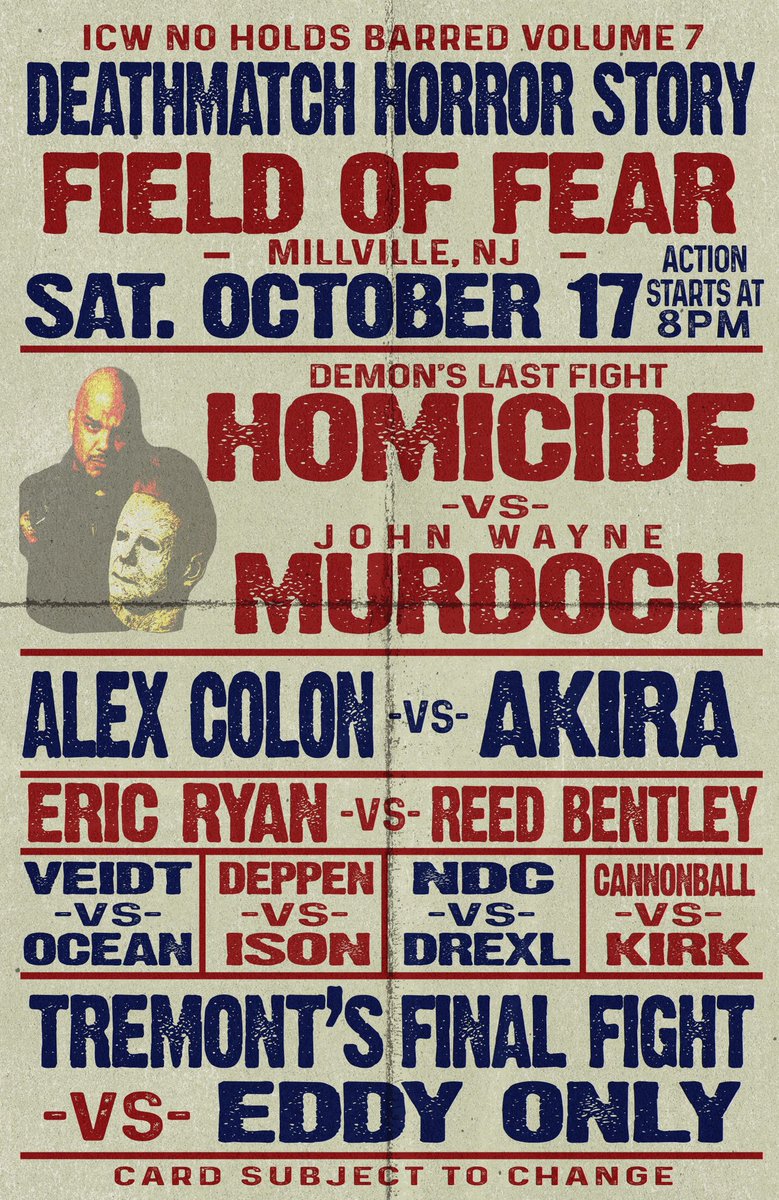 NHBTheChains's tweet photo. DEATHMATCH HORROR STORY💀 

THE STAGE IS SET 🎃 

NEXT SATURDAY OCTOBER 17th LIVE! from “THE FIELD OF FEAR” - 
MILLVILLE NJ #NHB7 

TICKETS ARE STILL AVAILABLE -
https://t.co/tLjph2jgxq

Watch LIVE on the IWTV app by using the code ICWNHB for 5 days FREE!

Art - @TheStruggles23 https://t.co/CFMSEEXSeg