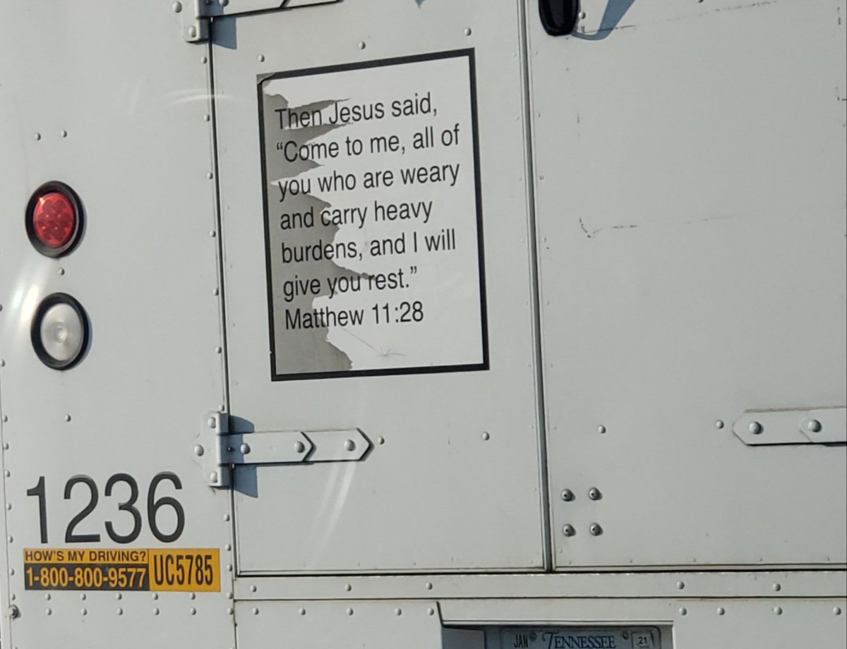 klmac2's tweet photo. I was driving home this week kind of tired and pulled up beside this vehicle. God always remind me that I can find REST IN HIM! https://t.co/in9eZmSi4k