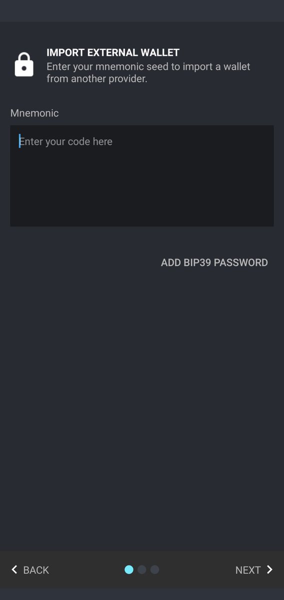 15/19 Once the Dojo is connected, select the 3-dot menu again and choose Import Existing Wallet, then enter the 12-word phrase generated by  @COLDCARDwallet. Optionally, a BIP39 phrase can also be added to this wallet. The BIP39 passphrase is separate from BIP85 key.