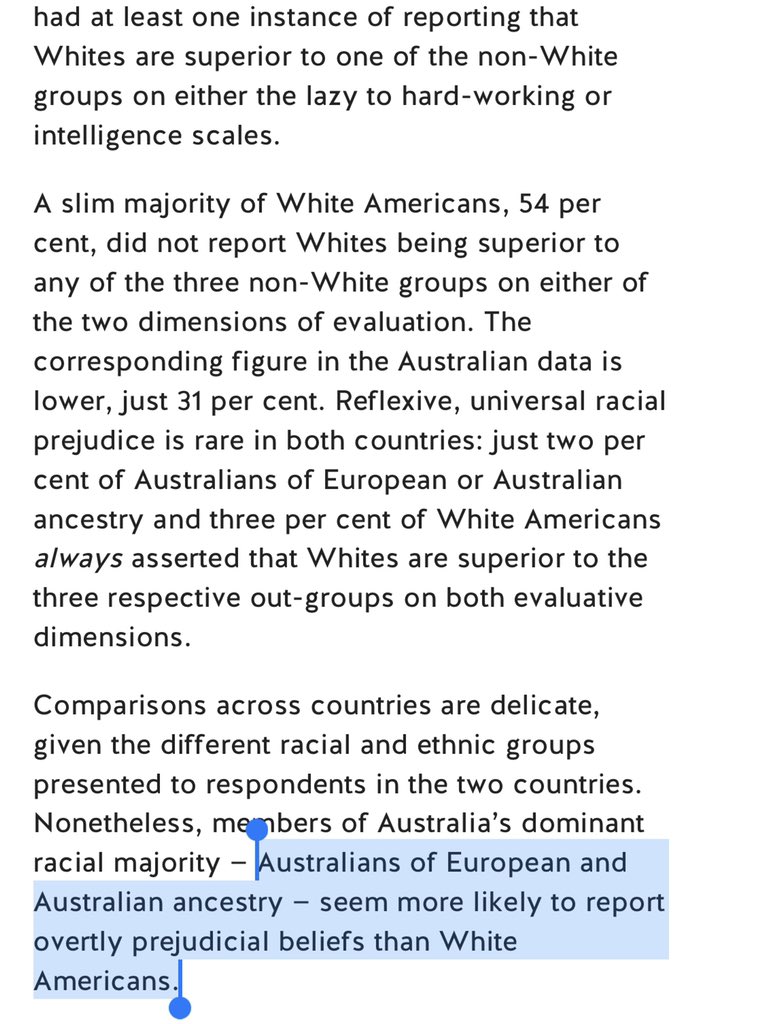 To quote the report directly,“Australians of European and Australian ancestry — seem more likely to report overtly prejudicial beliefs than White Americans.” https://www.ussc.edu.au/analysis/public-opinion-in-the-united-states-and-australia-compared#the-role-of-the-state