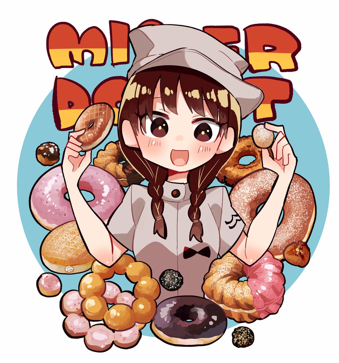 1girl food doughnut solo brown hair braid smile  illustration images