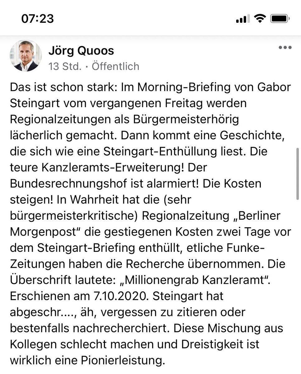 Mohrenpost's tweet photo. .@Joerg_Quoos ist Chefredakteur der Funke-Gruppe und richtig genervt. (Screenshot Facebook) Verstehe wieso. 

Wer noch mehr über die haarsträubenden Methoden von Steingart wissen will, dem sei diese Geschichte empfohlen (die er versuchte, zu verhindern). https://t.co/5lv2xpmSLF https://t.co/X3KYYxSlHx