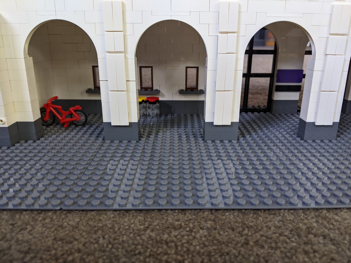 Lockdown Lego update! The portico/tower structure is essentially done now. I need to fill in more details at some stage; I'm pleased with how the bins came out but I need a bench and so on