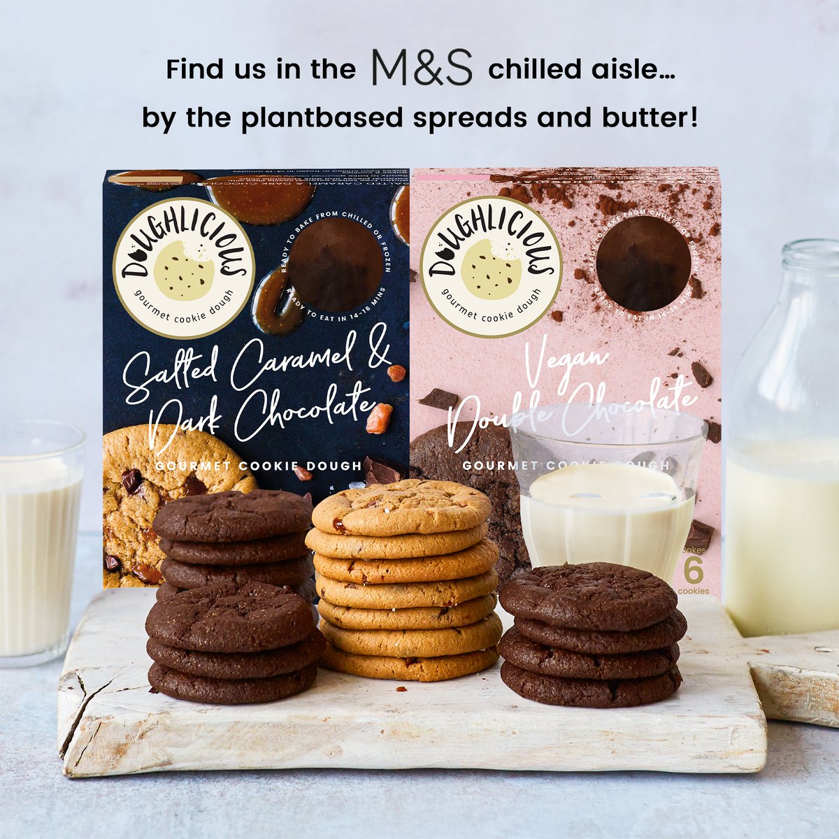 Doughlicious_'s tweet photo. Weekends are made for baking right? Head to @marksandspencer to grab a box of our gluten-free gourmet cookie dough... Think Salted Caramel &amp; Dark Chocolate (with gooey droplets of sweet caramel 🤩 ) and Vegan Double Chocolate. #weekendvibes https://t.co/RdaIj0Xvje