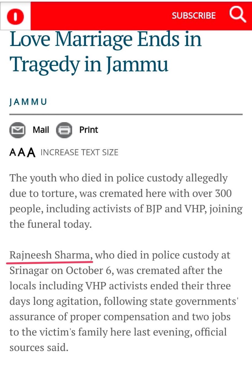 9- Rajneesh Sharma got married to a muslim woman. Family of muslim were not happy with the marriage and "conspired to kill Rajneesh with help of police". Rajneesh was tortured in police custody, where he died.