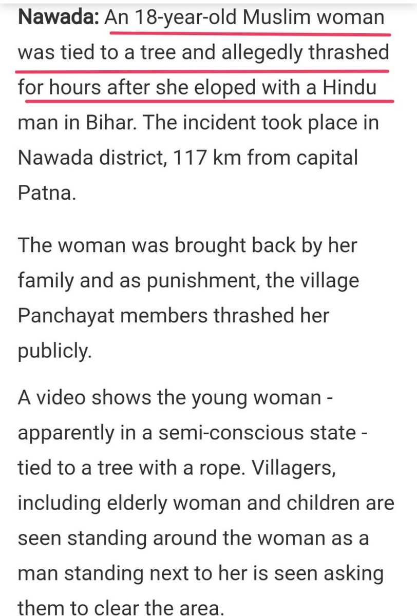 11- A muslim woman was tied to a tree and thrashed in front of villagers for loving a hindu man.