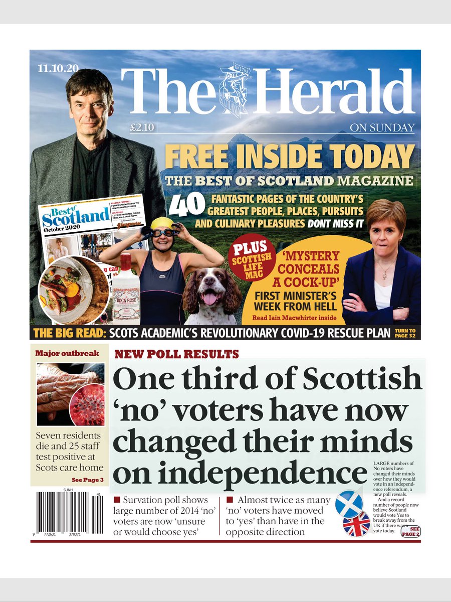 AngusRobertson's tweet image. Front Pages: Highest ever poll rating predicting Scottish independence YES vote. 1/3 of 2014 NO voters now YES or undecided. Poll by @Survation for @progressscot #indyref2