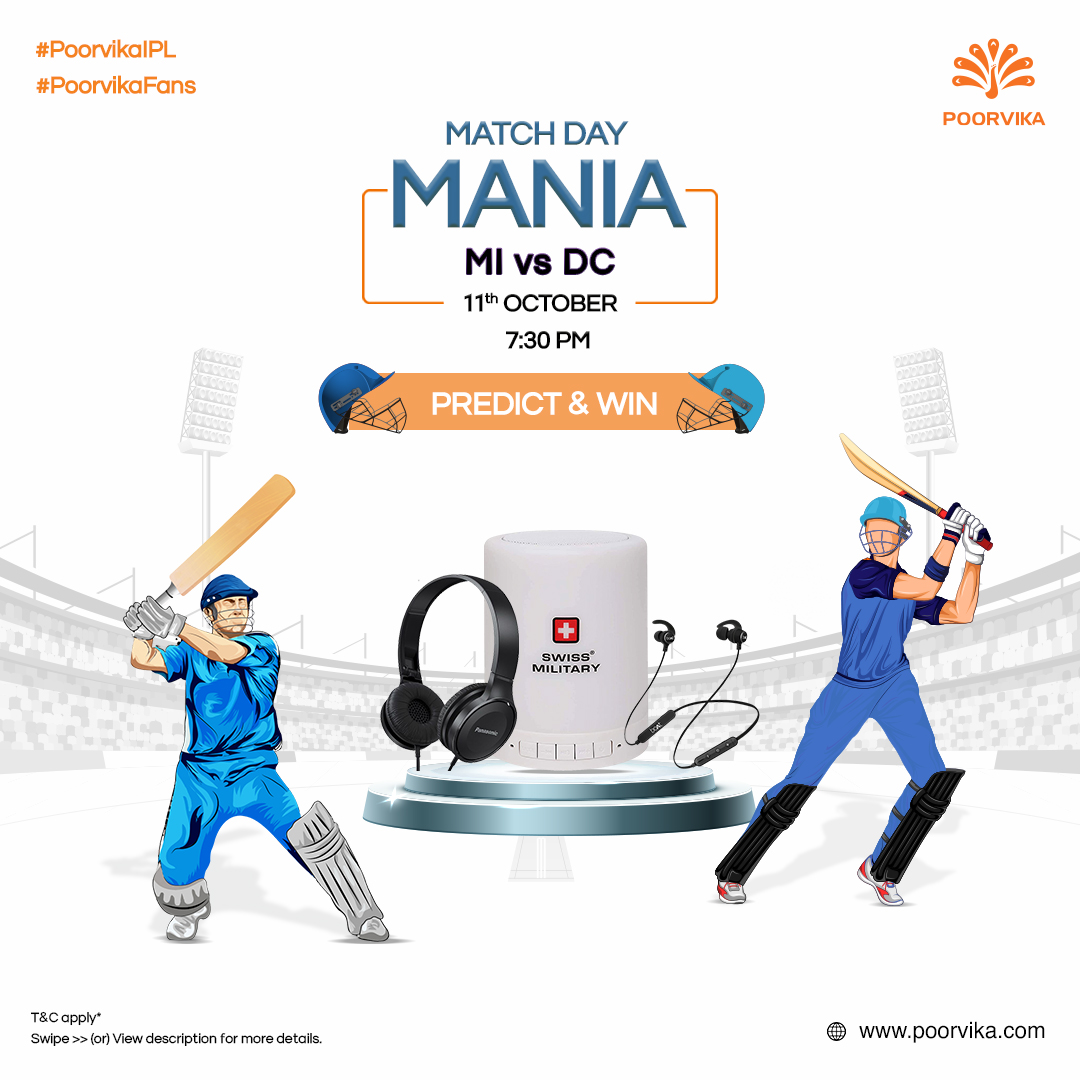 poorvika_india's tweet photo. Take part in the #PoorvikaIPL alongside 
@SunRisers
@rajasthanroyals
@mipaltan 
 and 
@DelhiCapitals 
. 
win Exciting Prizes worth 6,999* with our Match Day Mania.
.
More Details: https://t.co/Xcwk7mefVf
.
#Poorvika #PoorvikaMobiles #contest  #giveawayseptember #Boat #Panasonic https://t.co/wr4qEMJWW9