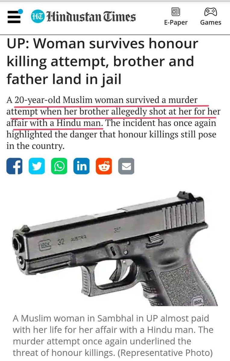 13- A muslim woman was shot by her brother for having relationship with a hindu man. Her father was also involved in this.