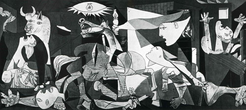 「ゲルニカ」 ピカソ 1937年
スペイン内戦中に北部もの小都市ゲルニカがナチスによって空爆を受けた様子を描いた作品。史上初めての都市無差別空爆と言われる。

死んだ子を抱き泣き叫ぶ母親、天に救いを求める人、狂い逃げる馬などが戦争の悲惨さを如実に表現していてる。