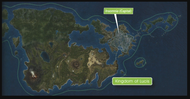 -Lucis, is where you spend most of your time so let's look at that. the open world is about half to two thirds of that continent.The northwestern area is never mentioned but in some depictions is desert and not in other. Like the ice region, more on that later.