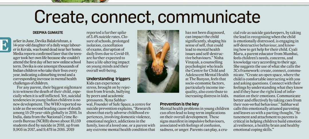 In today's <a href="/DeccanHerald/">Deccan Herald</a> I write about increasing self harm tendencies among Indian kids, their triggers and how parents can act as gatekeepers by getting them required help in time. #MentalHealth #SuicidePrevention 

deccanherald.com/amp/sunday-her…