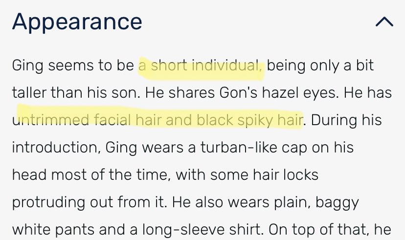 according to the hxh wiki, ging seems to be short, has black hair, and can grow facial hair (a lot of asians can’t really grow facial hair)