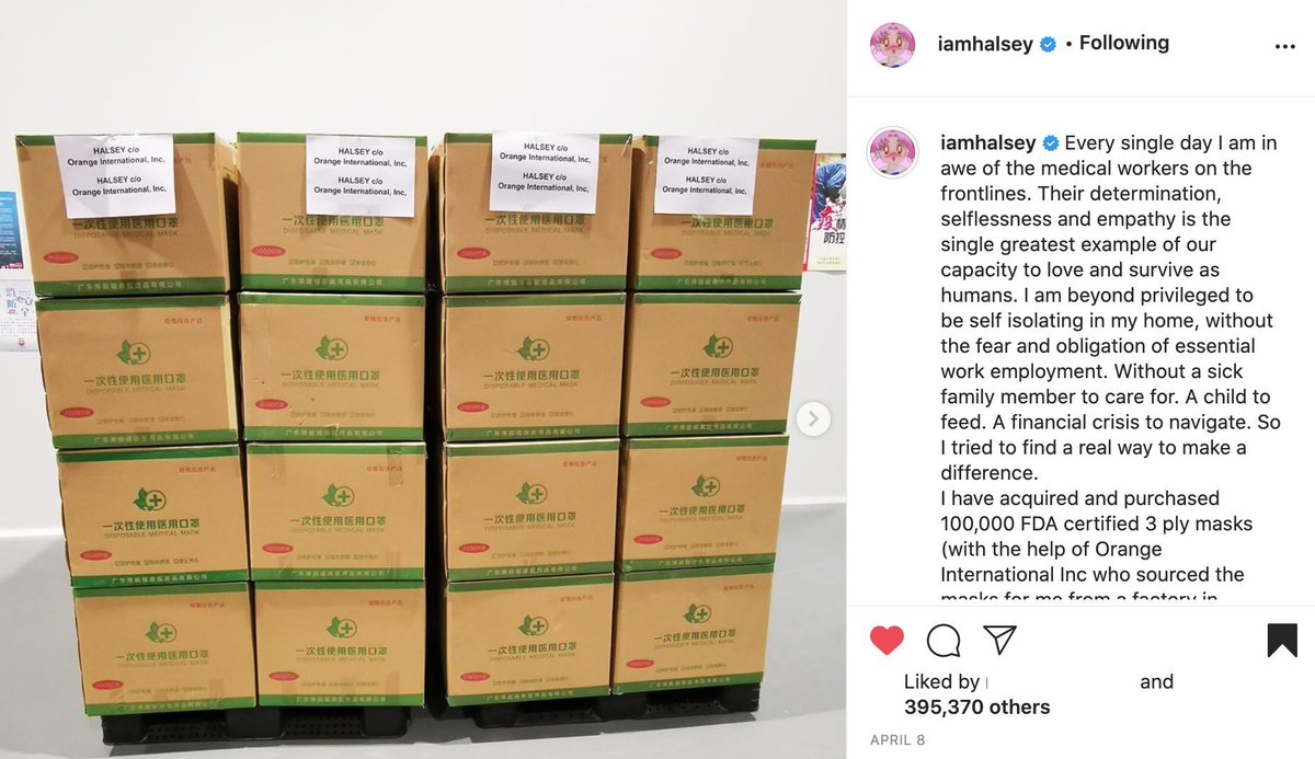 she bought 100,000 FDA certified face masks and distributed them to medical centres and hospitals.