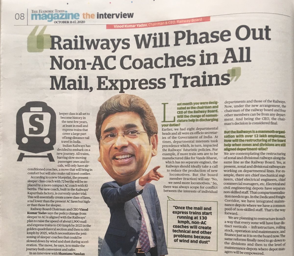 Exclusive: Non-AC coaches to be phased out in all Mail, Express trains: Railway Board Chairman & CEO Vinod Kumar Yadav tells me in an interview. “It’s a big exercise and we will do it in a phased manner”, he adds. In The Economic Times. https://m.economictimes.com/industry/transportation/railways/non-ac-coaches-to-be-phased-out-in-all-mail-express-trains-railway-board-chairman/articleshow/78594138.cms